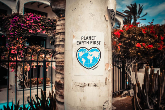 planet earth poster on pole outside apartment complex