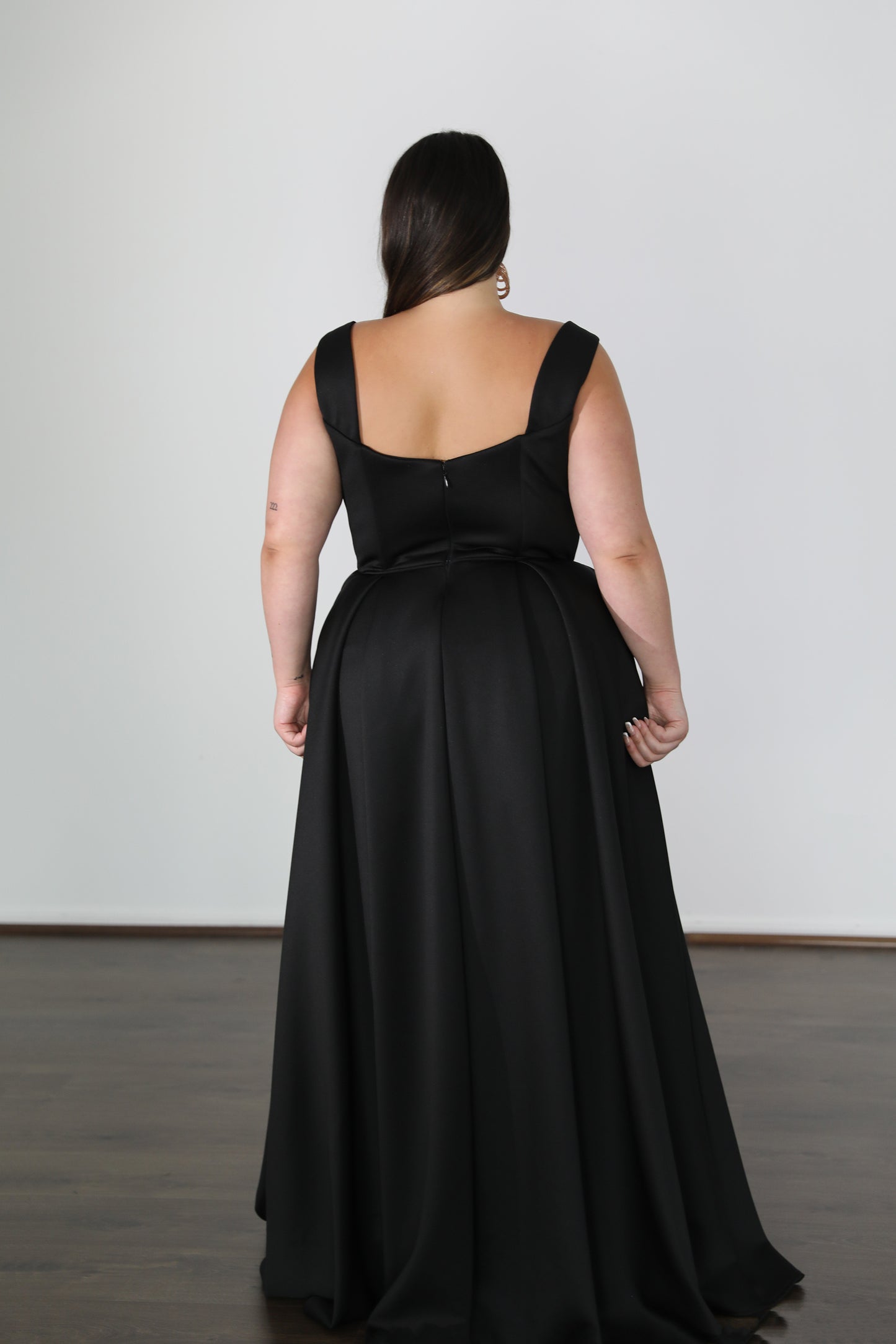 black formal gown with U-back and thick straps