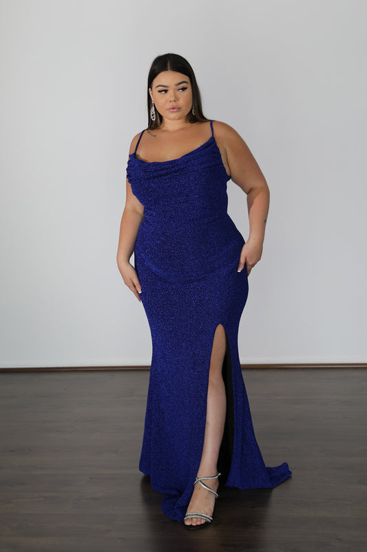 blue formal dress with cowl neckline and thigh split