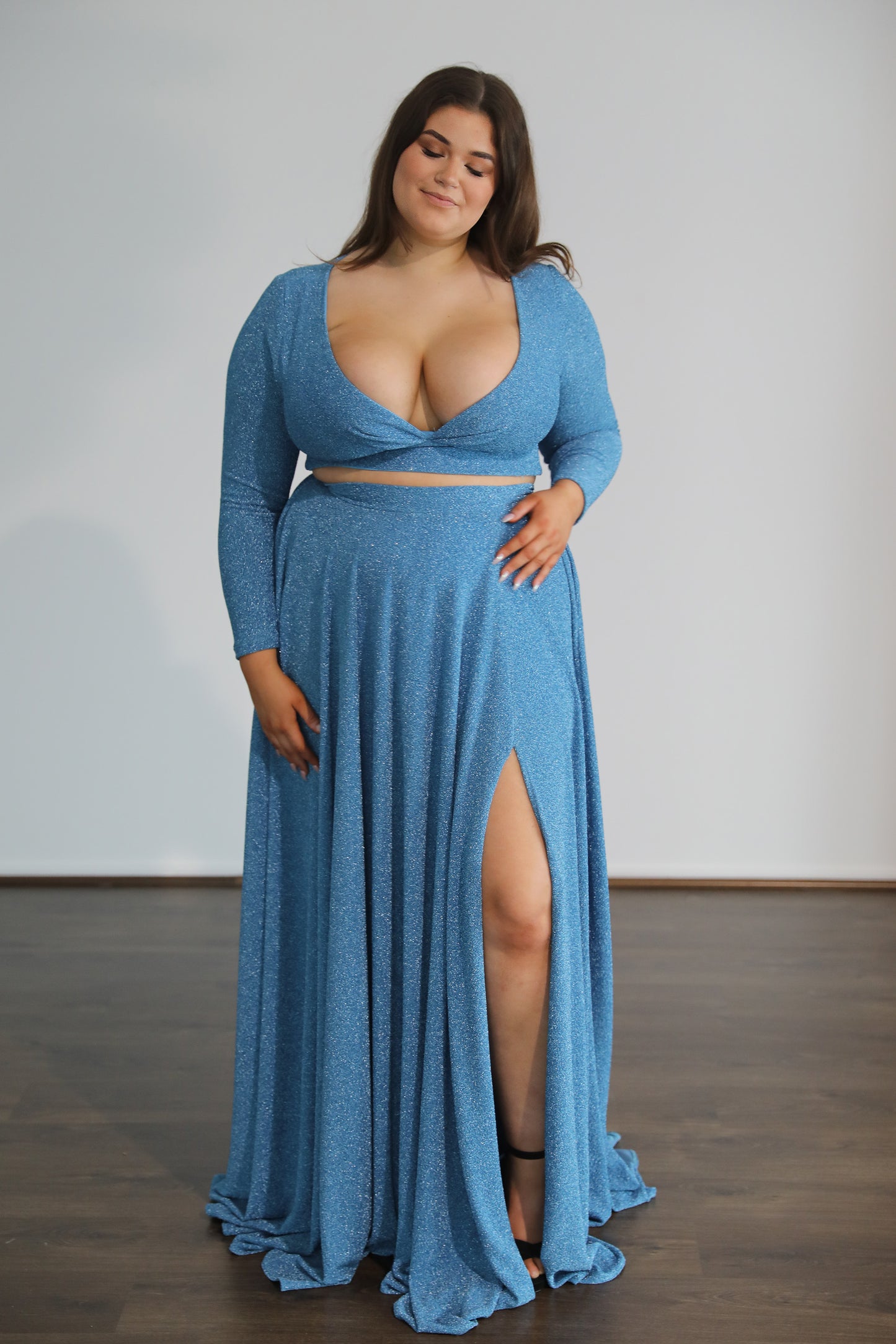 blue two piece formal dress with thigh split