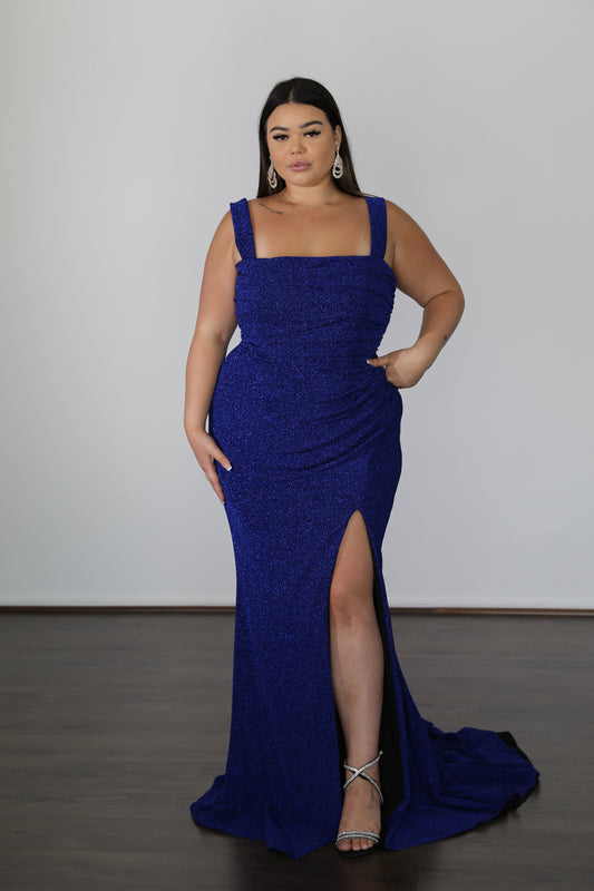 cobalt blue formal dress with square neckline and thigh high split