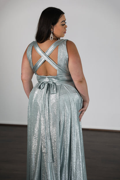 cross back tie up formal dress in seafoam