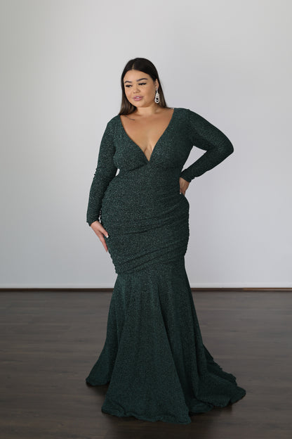 emerald green formal dress with V-neckline and mermaid skirt