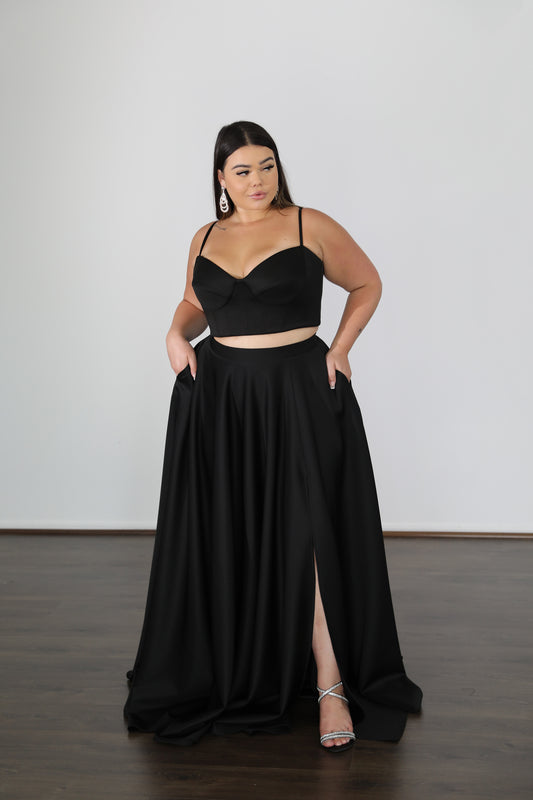 formal two piece gown in black on model