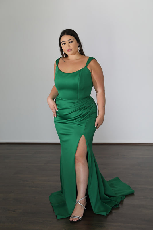 green fitted formal dress with thigh slit