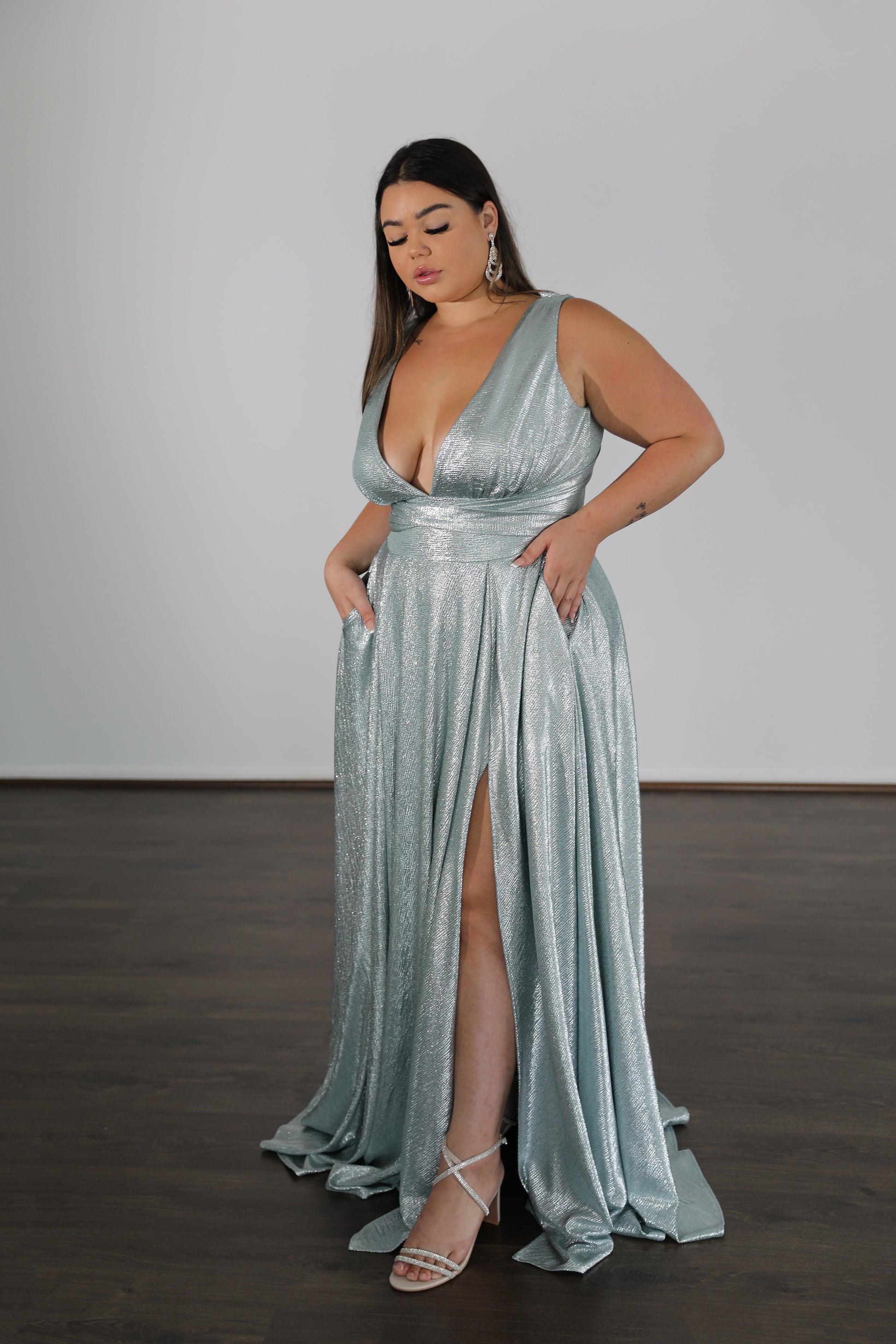 high thigh split and v-neckline on Seafoam formal dress