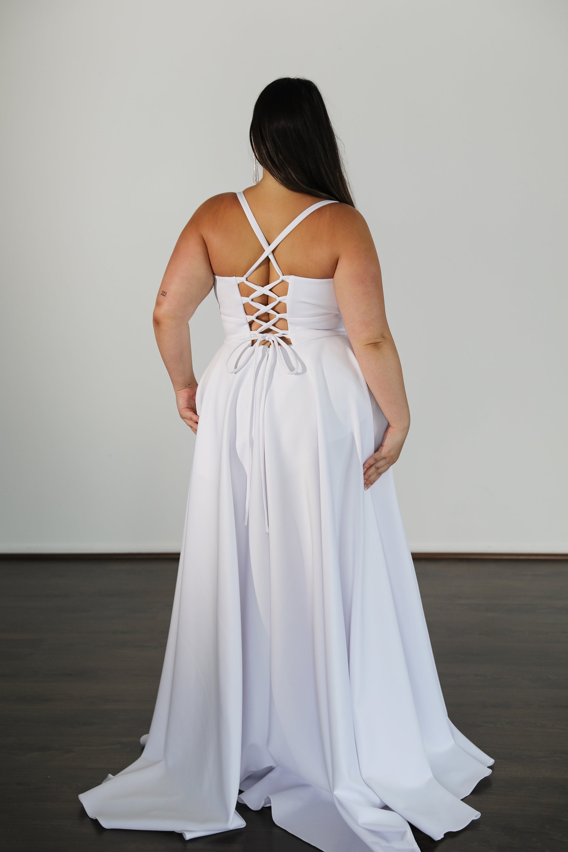 lace up back with shoulder straps on white formal dress