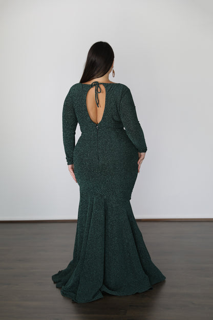 long sleeved green mermaid shaped formal dress