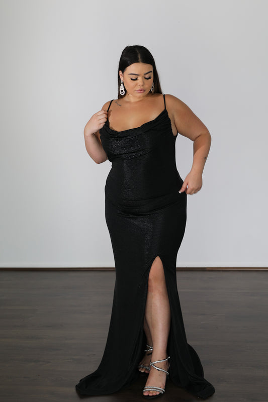 model posing in black formal gown