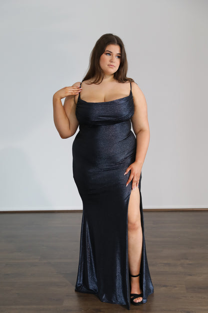 navy blue cowl neck formal dress