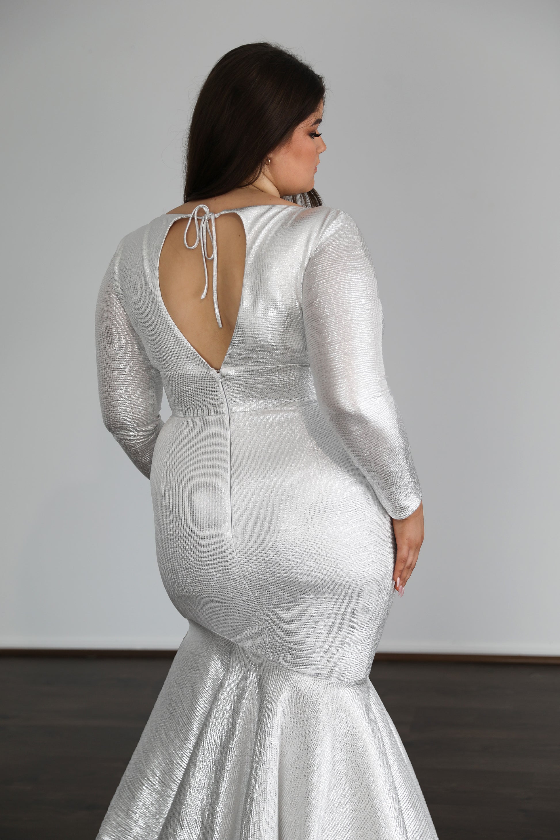 open back formal dress in silver