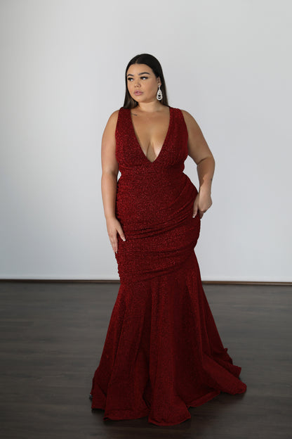 red mermaid style formal dress with centre ruching and v-neck