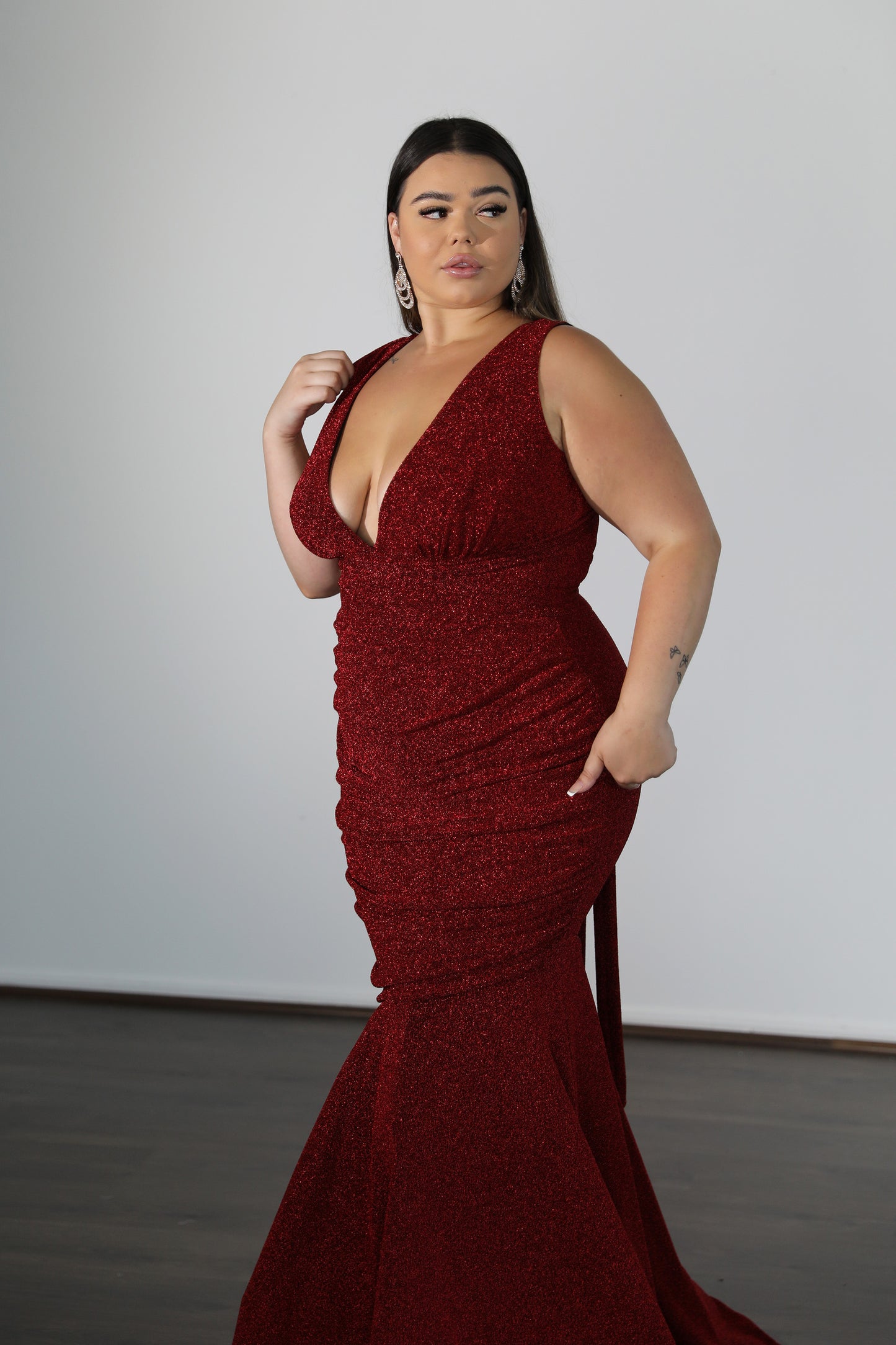 ruched red formal gown