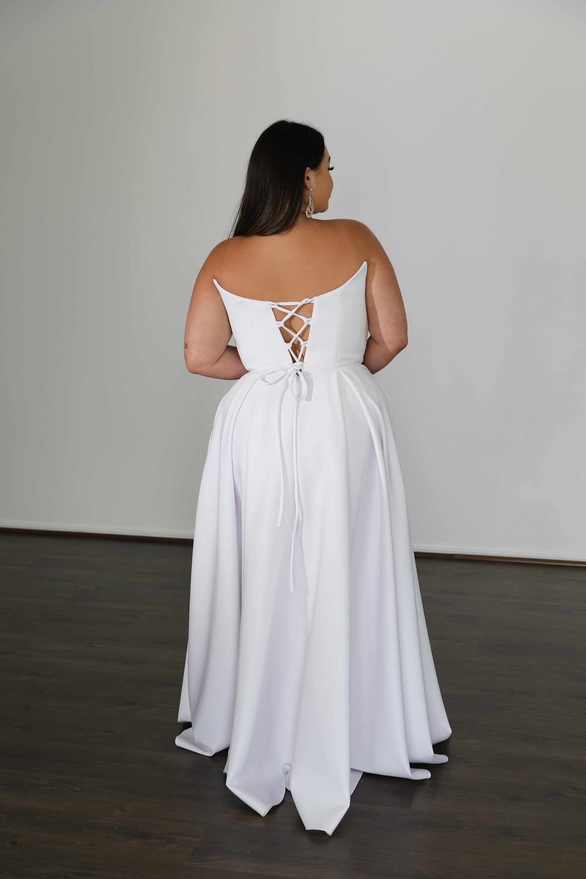 scoop backed white formal gown with lace up