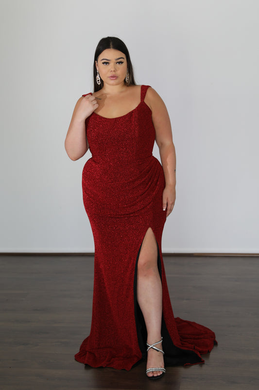 thigh split and centre ruching on red prom dress