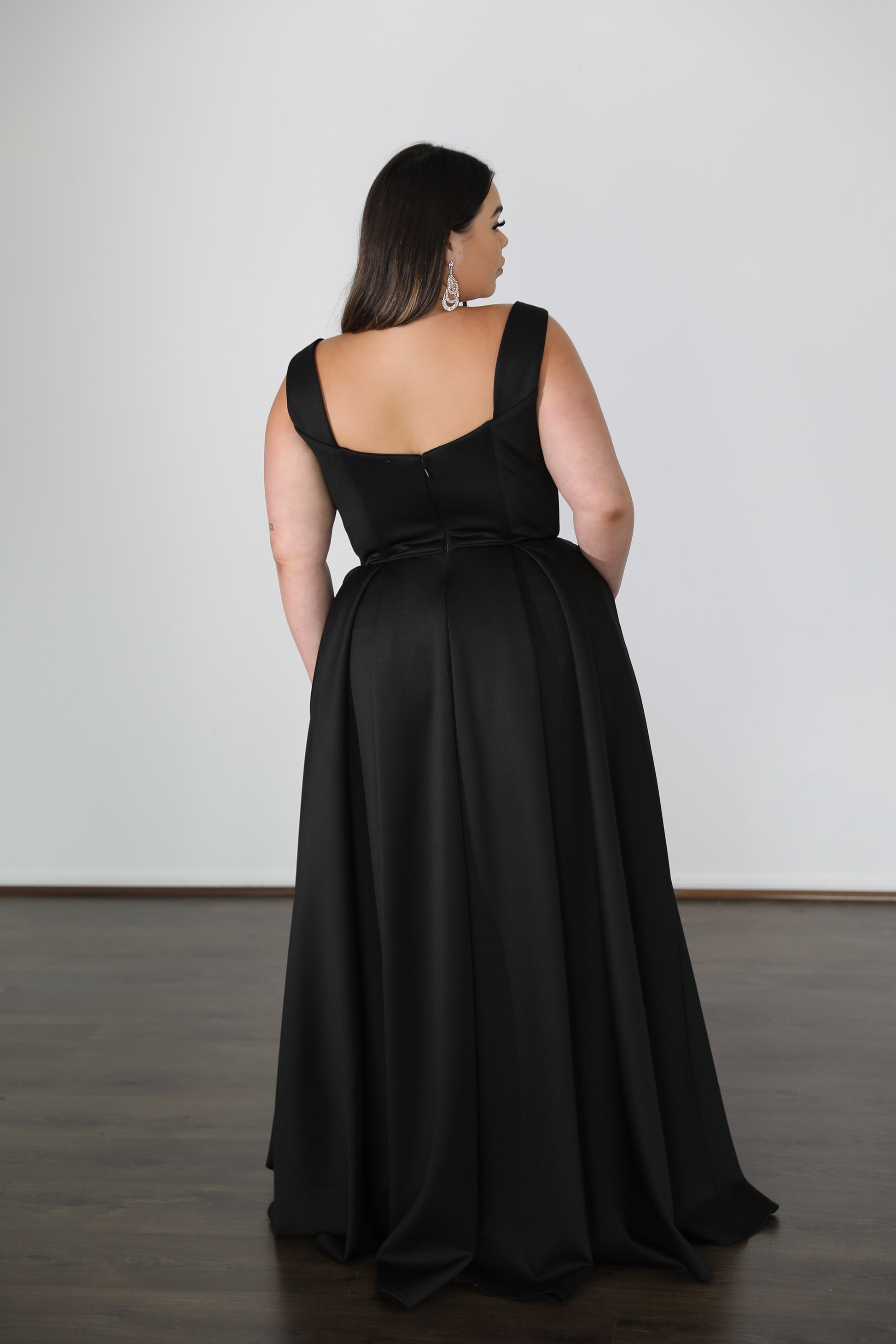 u-back black formal dress with flowing skirt