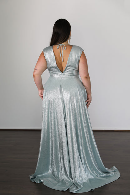 v-cut out on seafoam prom dress