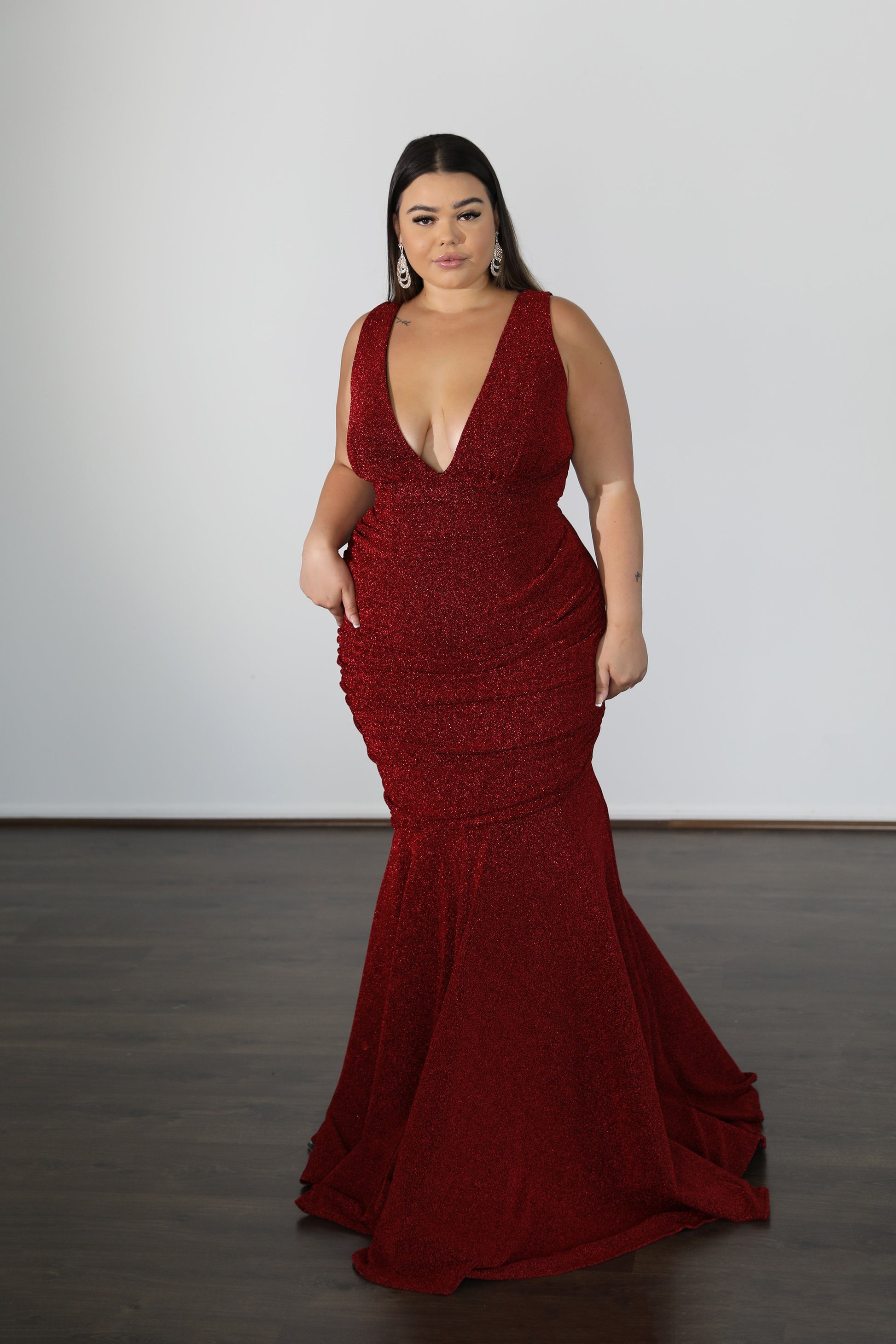 v-neck red formal dress with mermaid skirt