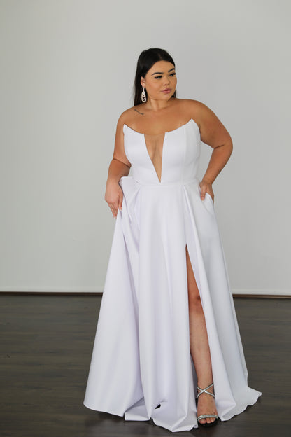 v-neck white strapless gown with thigh split